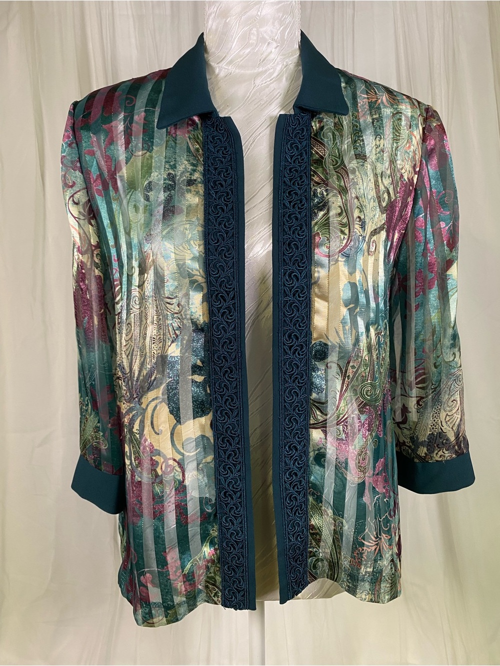 Silk-Blend Multicolor Open Front Jacket with Teal Trim eyeye